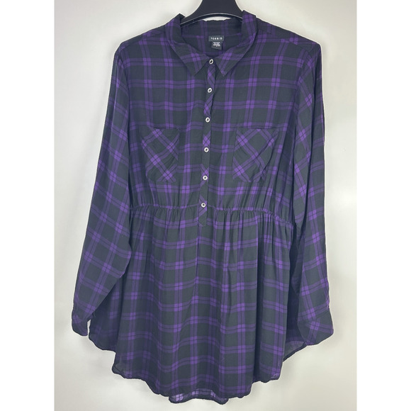 Torrid Emma Plaid Challis Babydoll Tunic Top Purple Black Pocket Plus Size 4 4X - Picture 11 of 12